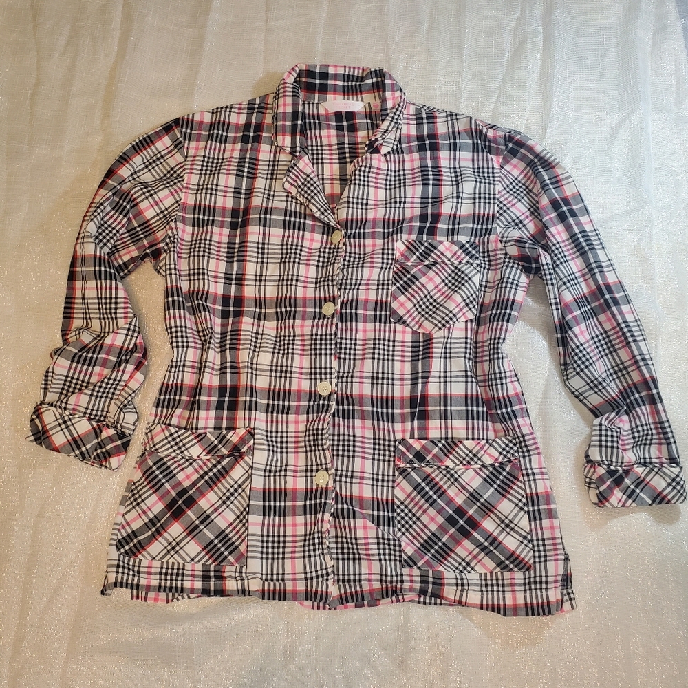 Victoria's Secret Women's Plaid Pajama Top, White Pink & Black, Medium